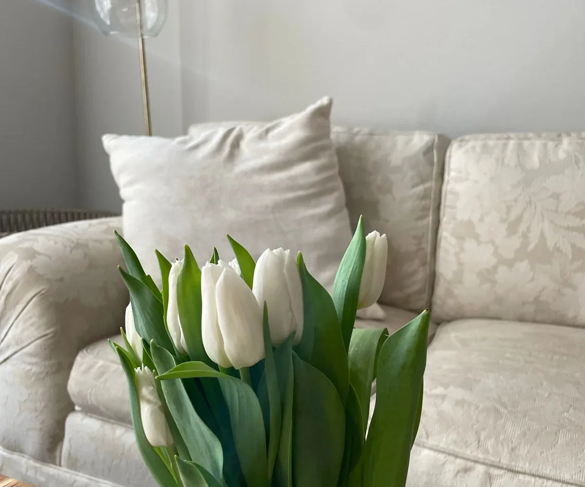 White tulips on a table beside a soft neutral sofa